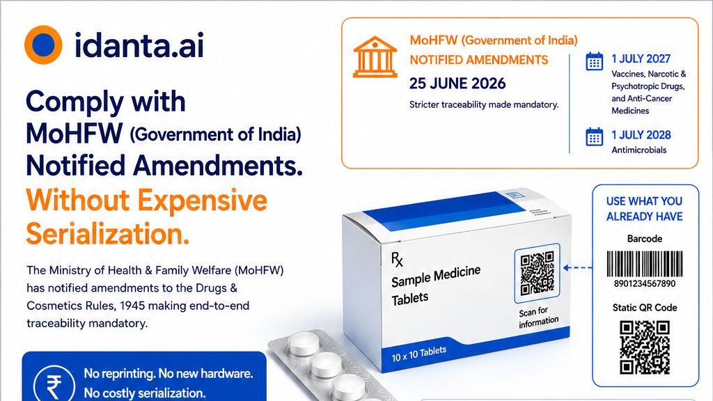 Idanta infographic: comply with India&rsquo;s drug traceability amendments using the barcode or QR code already on the pack